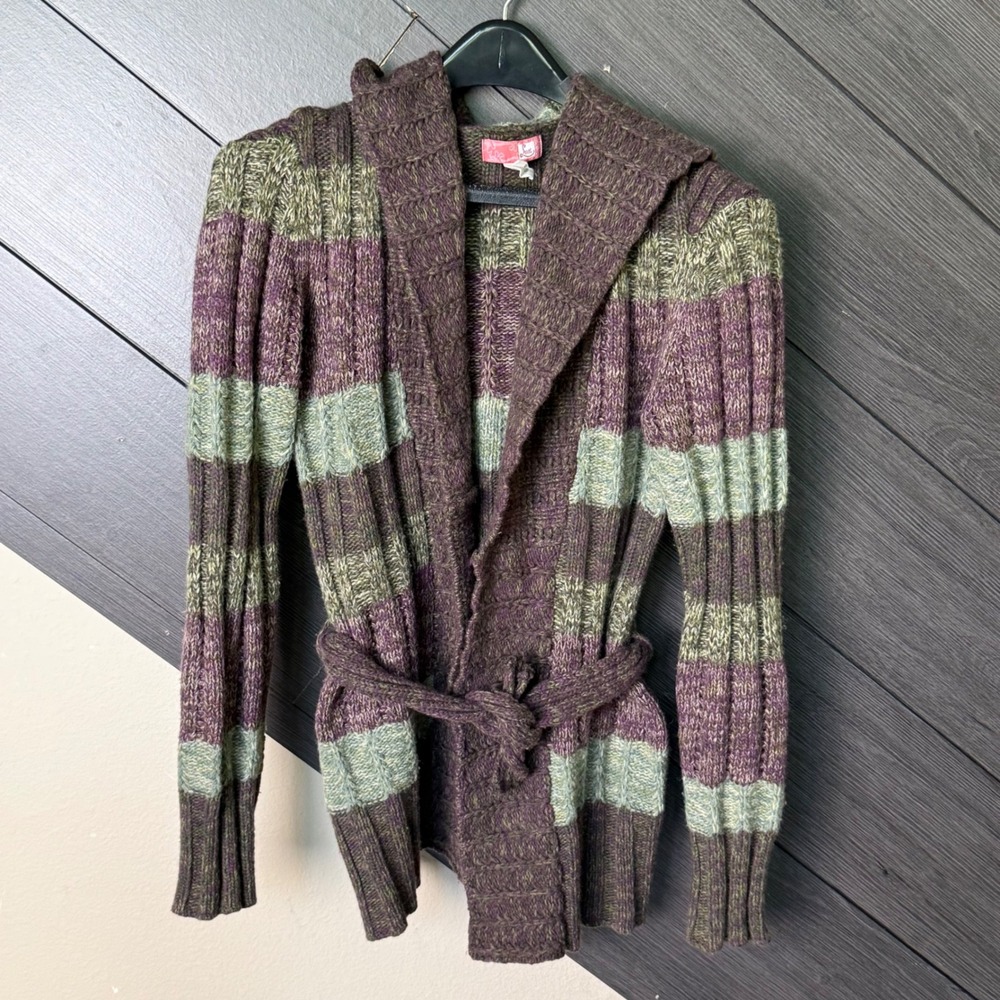 Lux Women's Y2K Belted Shawl Collar Cardigan Medium Wool Blend Purple Green